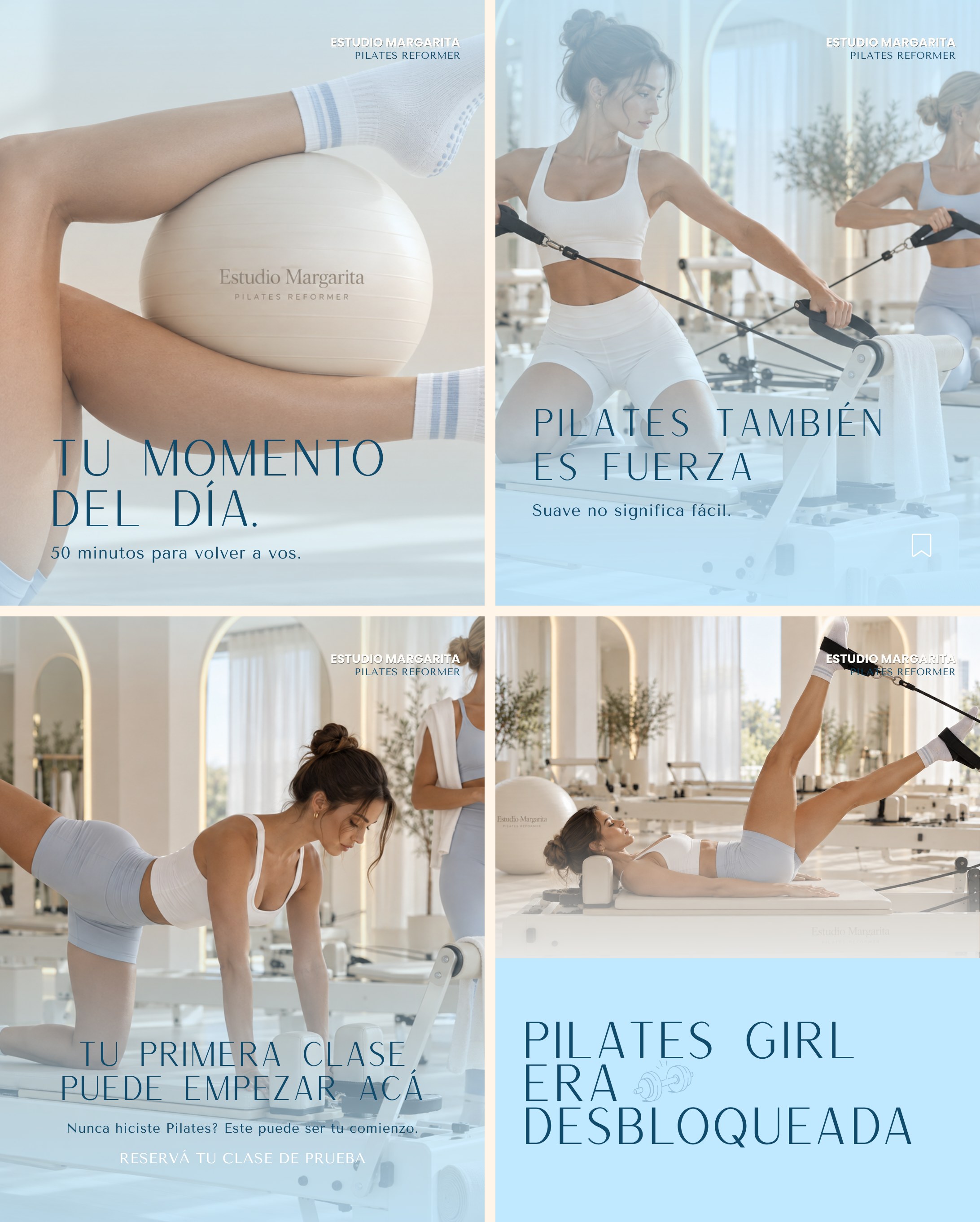 Piezas de contenido para Estudio Margarita: publicaciones de pilates reformer con paleta celeste y crema, frases en serif azul y llamados a reservar la clase de prueba